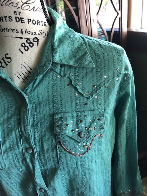 Vintage Blue Turquoise Wrangler Pearl Snap Long Sleeve Shirt