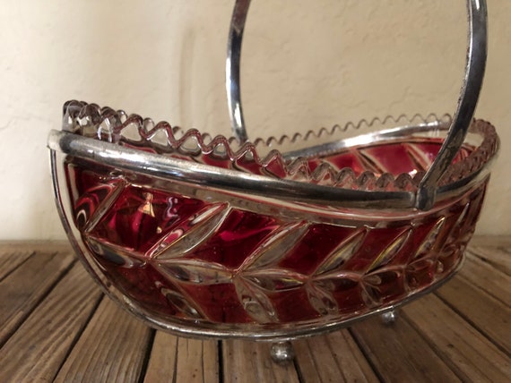 Vintage Ruby Red Cut Pressed Glass Serving Bowl with Silver Metal Holder