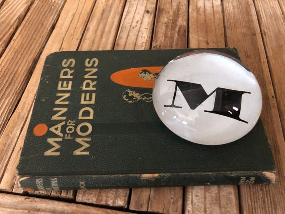 Vintage Glass Paperweight Typography M Black and White Paperweight