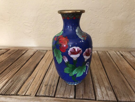 Vintage Blue Gold Pink Red And Green Metal Floral Cloisonne Vase