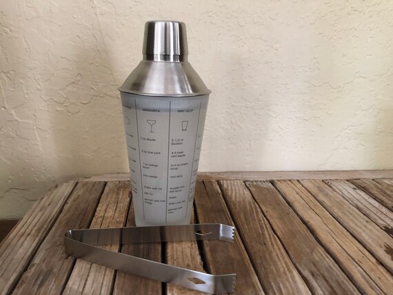 Vintage Frosted Glass and Silver Cocktail Shaker with Silver Tongs