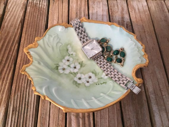 Vintage Antique Hand Painted Green and Gold Floral Dish