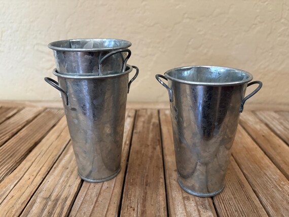 Set of 3 Small 4" Tall Industrial Galvanized  Metal Buckets