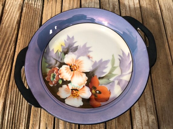 Vintage Blue and Black Floral Iridescent Handpainted Noritake Dish
