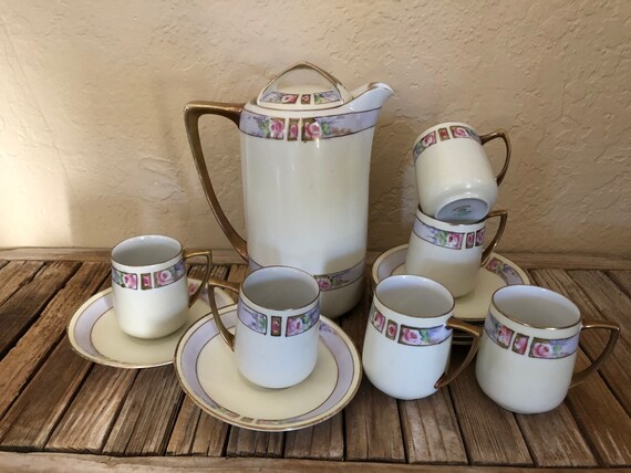 Antique Hand Painted Meito China Art Nouveau White Pink Purple and Gold Tea Set  Teapot 6 Teacups ans Saucer Set Made in Japan