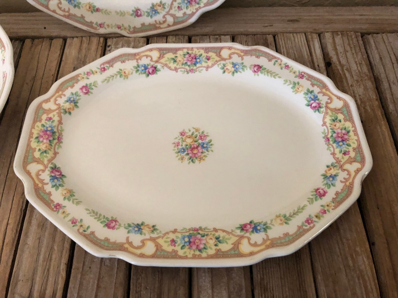 Vintage Set of Green and Pink Floral Plate Bowl and Platter Etsy