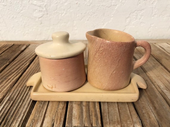 Vintage Polished Stone Pink and Ivory Creamer Sugar Dish and Tray