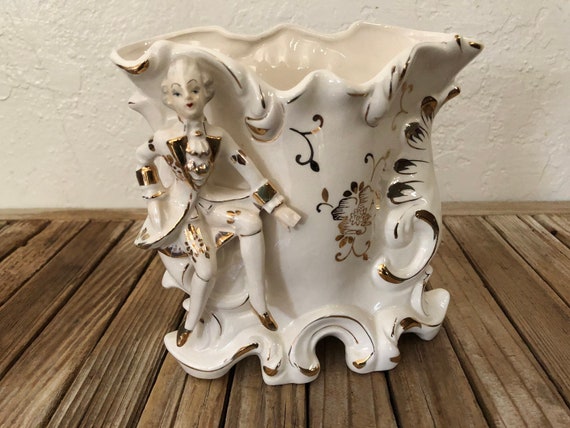 Mid Century White and Gold Japanese Lady Vase