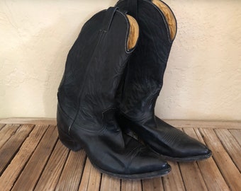 Vintage Black Genuine Leather Nocona Cowboy Boots Made In U.S.A.