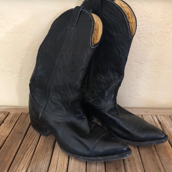 Vintage Black Genuine Leather Nocona Cowboy Boots Made In U.S.A.