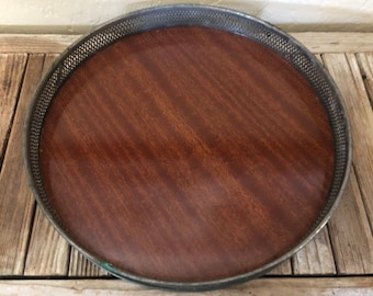 Mid Century Wood Grain and Oxidized Silver Metal Tray