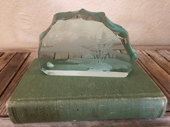 Vintage Etched Chinese  Landscape Scene Paperweight Etched Glass Bookend