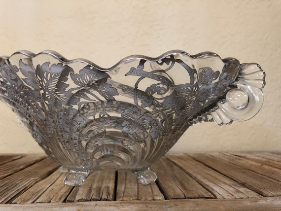 Vintage Glass and Silver Floral and Grapevine Overlay Scalloped Bowl