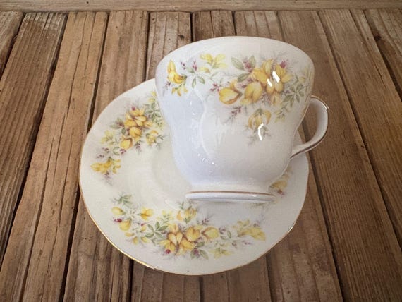Vintage English Duchess White and Yellow Floral Laburnum Bone China Teacup and Saucer Made in England