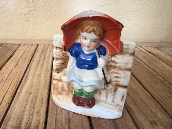 Antique Hand Painted in Occupied Japan Little Girl Toothpick Tooth Brush Holder
