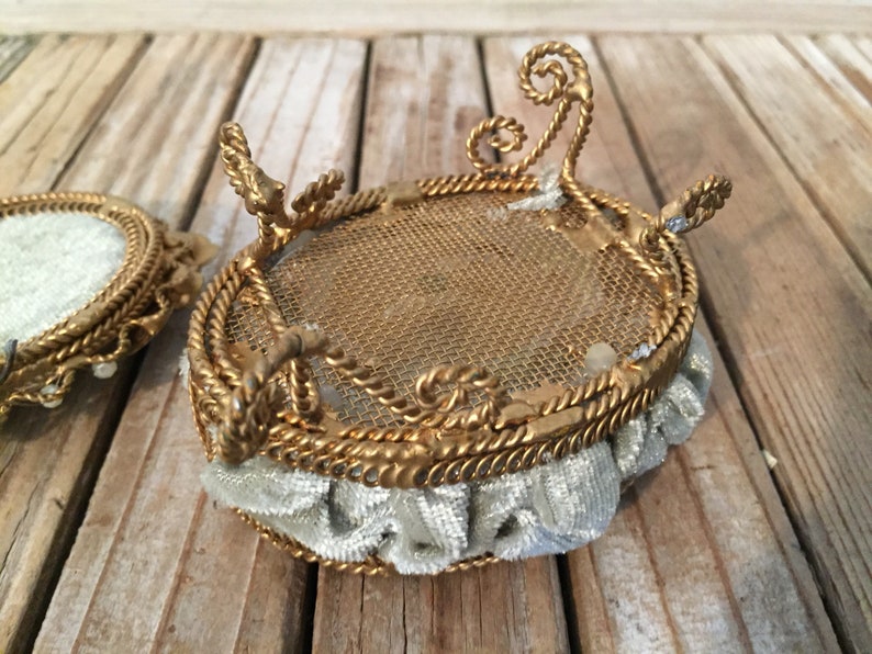 Vintage Gold Pale Green Velvet Pearl Trinket Box