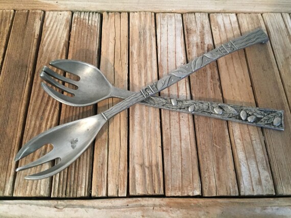 Vintage Etain Zinn Pewter Seagull Canada Pewter Salad Serving  Utensils