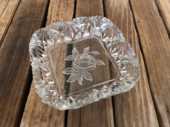 Vintage Cut Glass Crystal Etched Glass Rose Serving Piece