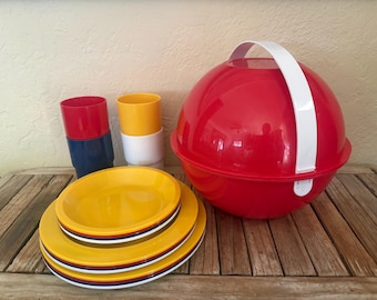 Mid Century Bright Red and White Picnic Set Yellow Green Blue Orange