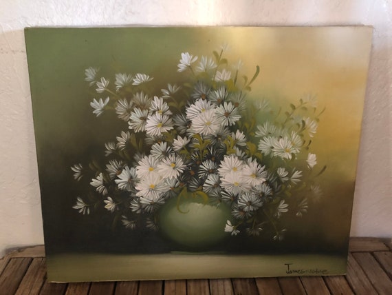 Rare James Noble Green and White Floral Still Life Oil Painting On Canvas