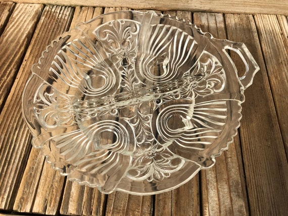 Vintage Etched Pressed Floral Glass Relish Dish