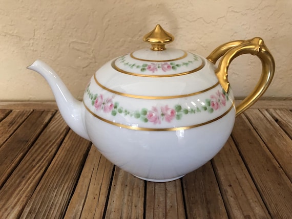 Antique Haviland  France Gold White Pink Floral Teapot