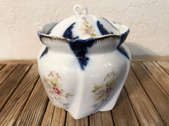 Antique White Royal Blue Gold and Pink Floral Ginger Jar