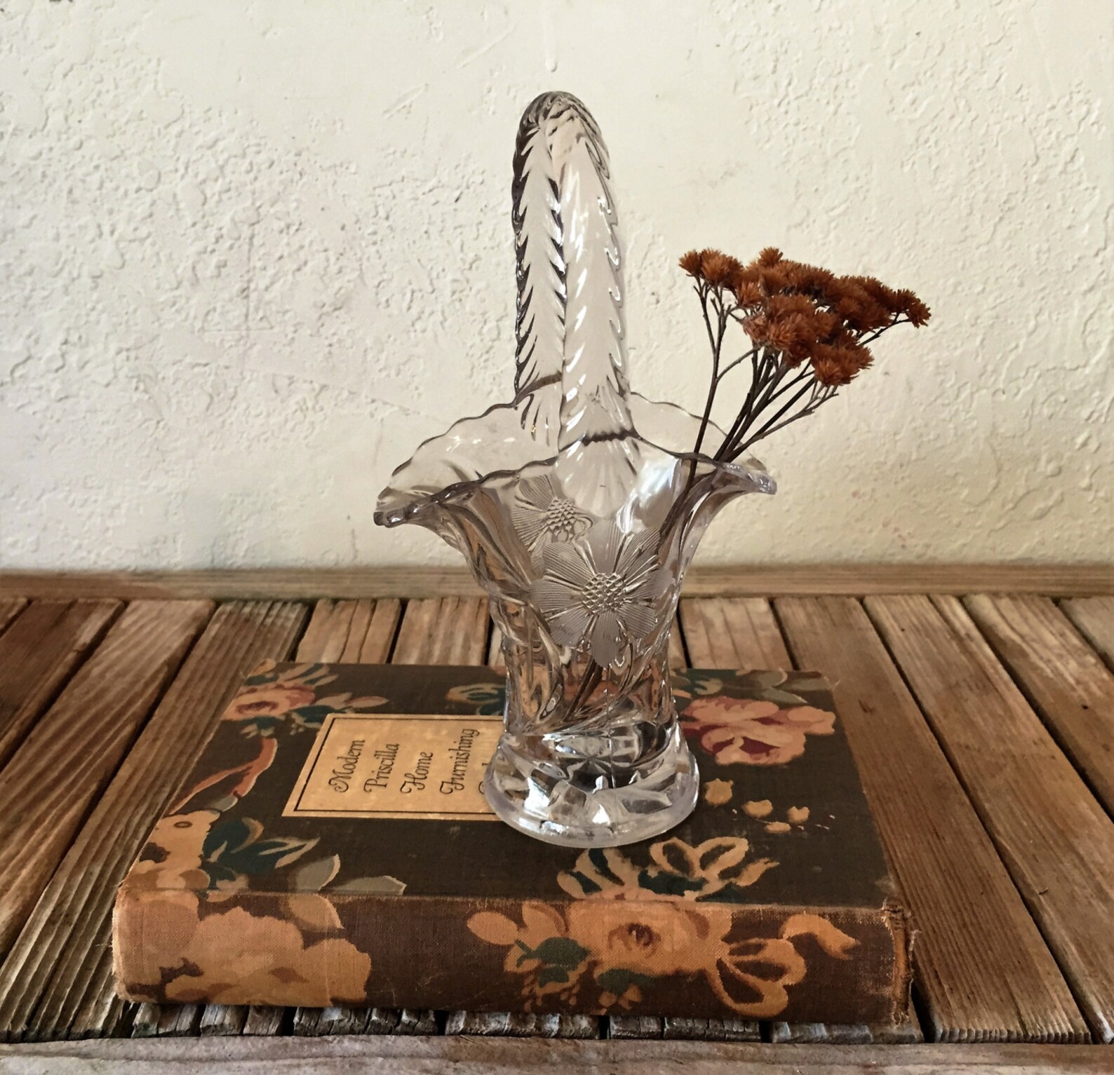 Vintage Pressed Glass Basket Vase Etsy
