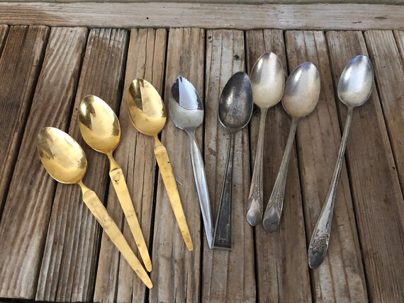Set of eight Antique Silver and Gold Spoons Sri Stainless Wm Rogers Oneida Community Tudor Plate Silver Plate