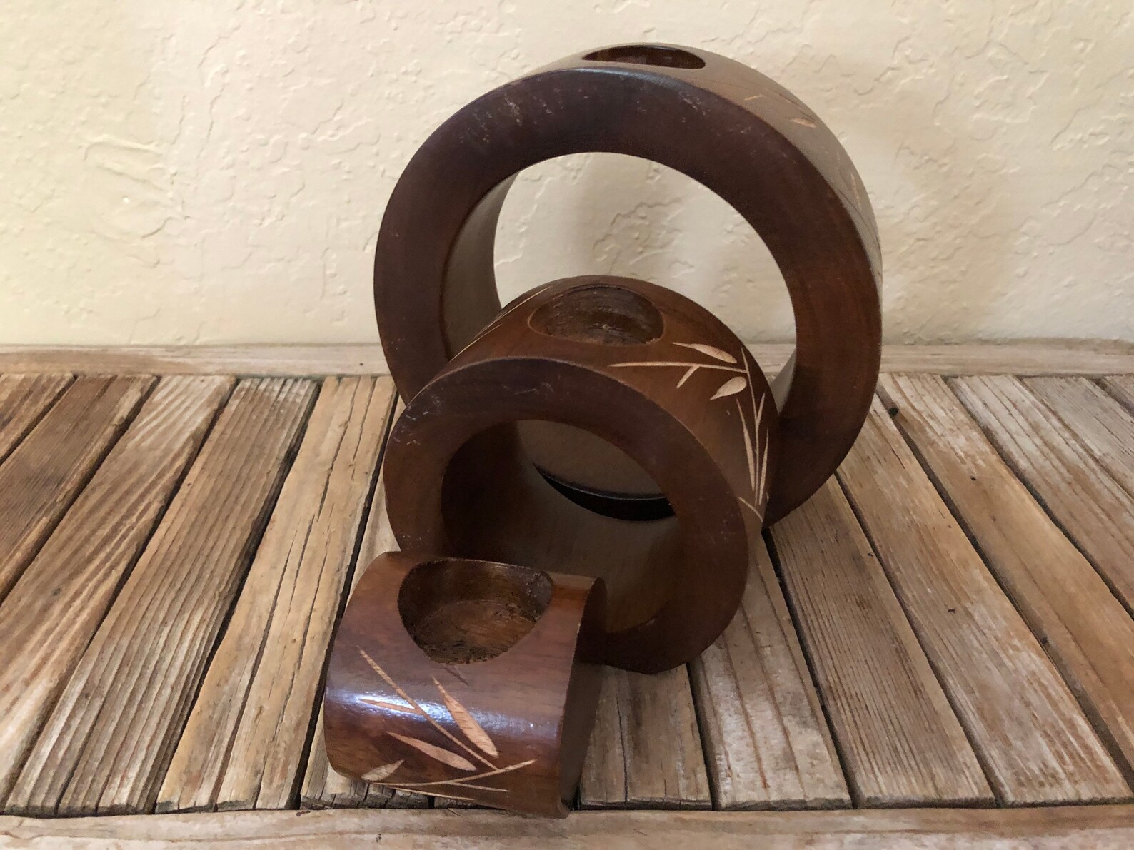 Vintage Round Nesting Mango Wood Bamboo Leaf Candle Holders Etsy