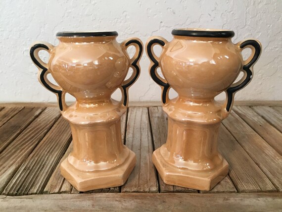 Set of Collectible Orange Iridescent Urn Vases Made In Czeckoslovakia
