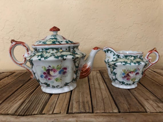 Vintage White Green Orange and Gold Floral Teapot and Creamer
