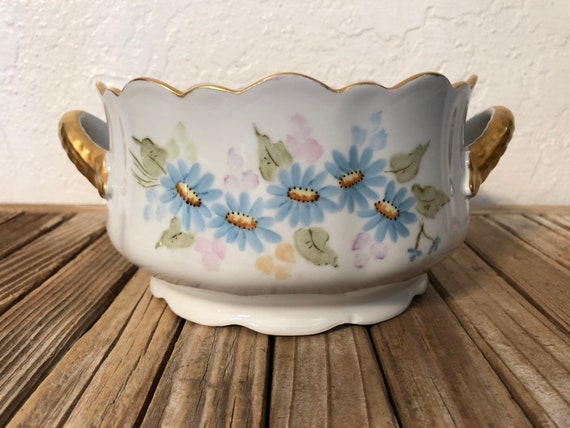 Antique Handpainted Blue and Gold Floral  Serving Dish Dolores 1974