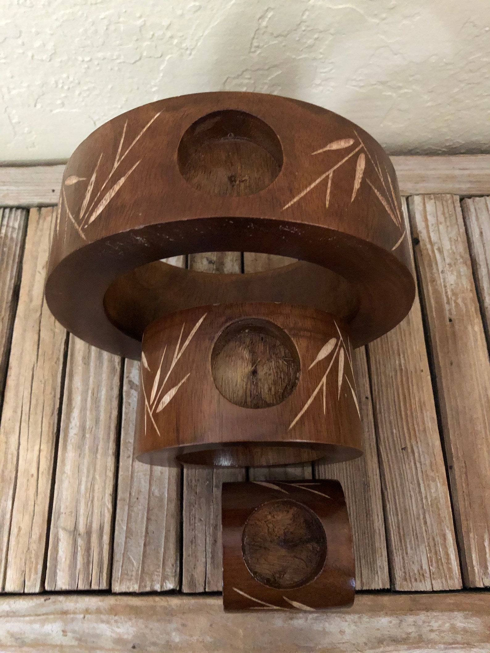 Vintage Round Nesting Mango Wood Bamboo Leaf Candle Holders Etsy