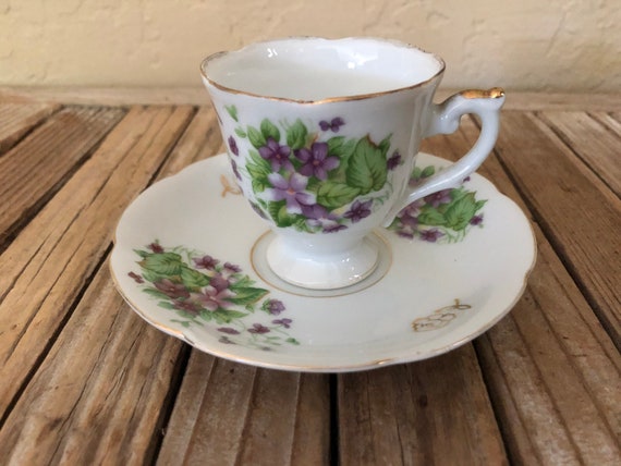 Vintage Nasco Japan White Purple and Gold Floral Nasco Japan Teacup and Saucer