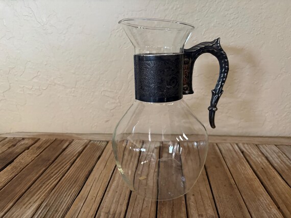 Vintage Glass and Pressed Art Nouveau Floral Metal Carafe