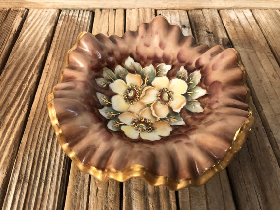 Vintage Hand Painted Brown Gold and Yellow Floral Dish