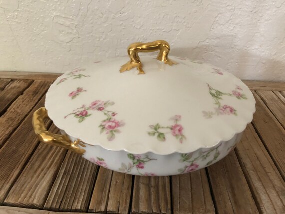 Antique White Pink and Gold Haviland & Co Limoges France Serving Tureen