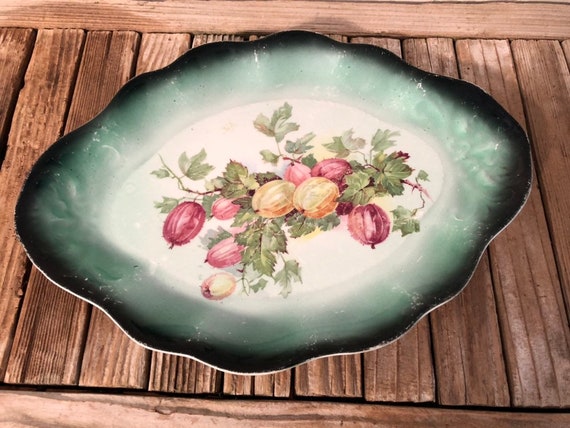 Antique Handpainted Green Fruit China Platter