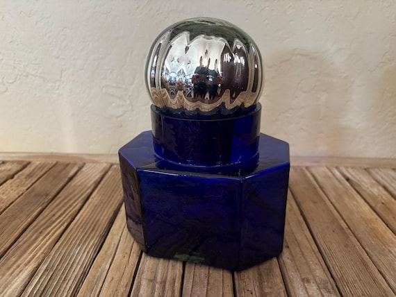 Vintage Polygon Cobalt Blue Bottle With Mercury Style Glass Stopper