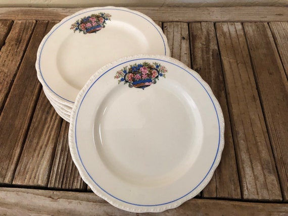 Set of 6 Antique Blue White and Pink Harker 1840 Plates