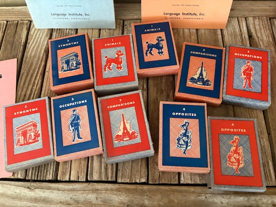 Mid Century 1954 French Game Titled Language Institute Game of Opposites Game of Synonyms Game of Occupations