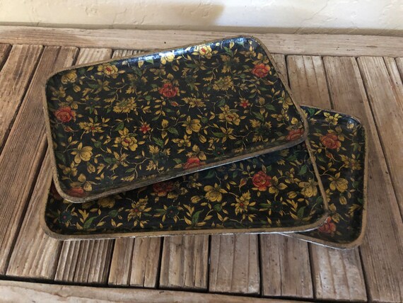 Vintage Set of 3 Cloisonne Registered Japanese Floral Trays Black Gold Green and Pink Floral Trays