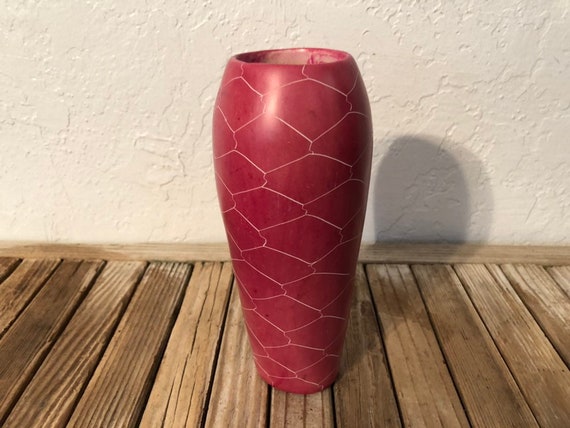 Mid Century Hand Made Pink Etched Vase