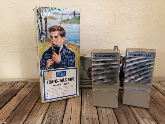 Set of Vintage Sears Trans Talk 500 Walkie Talkie Boxes with Pair of Viscount 4 Transistor Transceiver Walkie Talkies