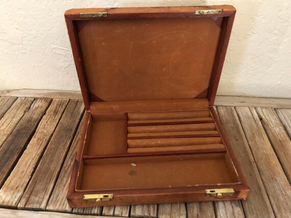 Antique Aged Brown and Brass Leather Jewelry Case
