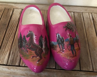 Vintage Pink Horse and Cowboy Hand Painted Wood Dutch Clogs Riley