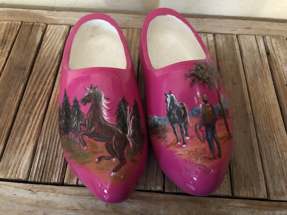 Vintage Pink Horse and Cowboy Hand Painted Wood Dutch Clogs Riley