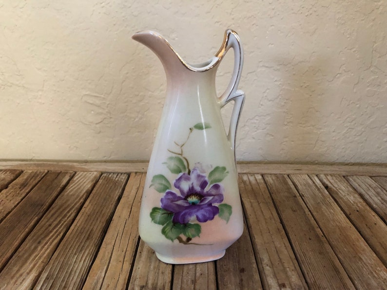 Vintage Hand Painted Ucagco Porcelain Purple Floral Pitcher image 1