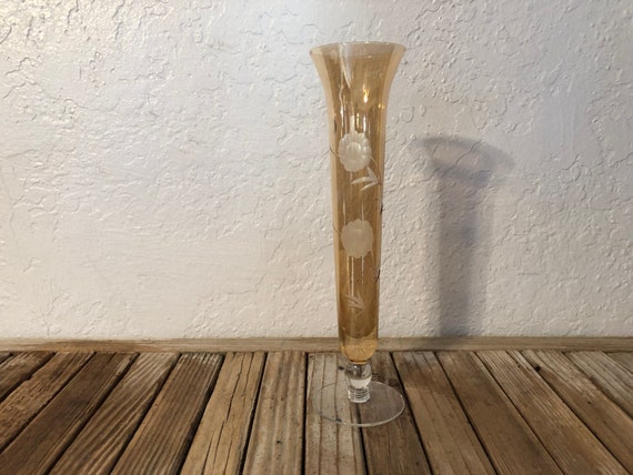 Tall Iridescent Orange Etched Floral Glass Vase
